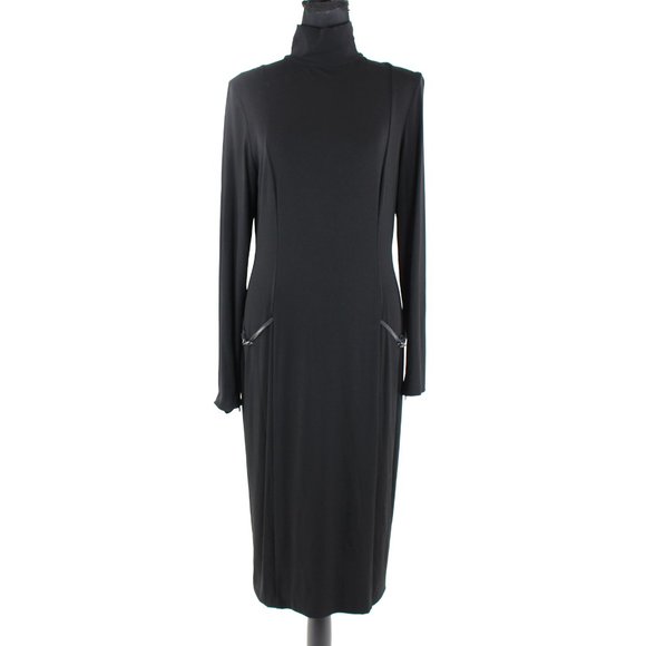 Gucci Dresses & Skirts - GUCCI Straight Black Mock Neck Long Sleeve Dress 46 Leather Buckle Detail Midi L